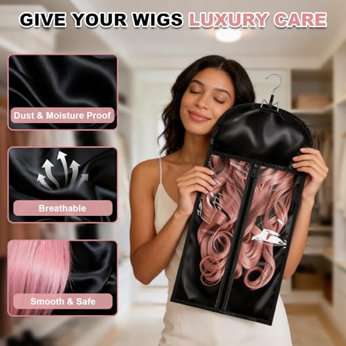 FAMOVELL 2 Pack Silk Satin Wig Storage Bags with Wooden Hangers