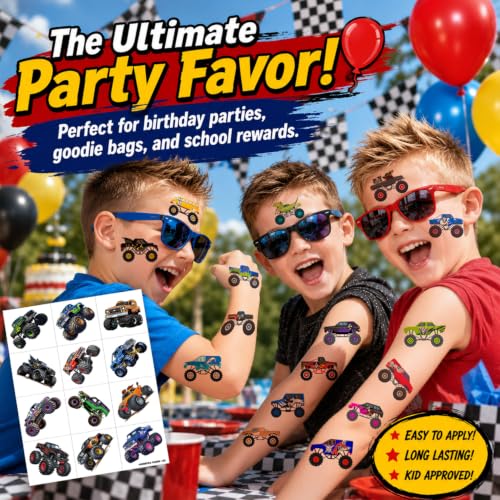 Monster Truck Temporary Tattoos - 120 PCS Pre-Cut Kids Party Favors