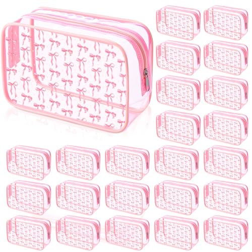 Kacctyen 24 Pcs Pink Bow Cosmetic Bag Coquette Preppy PVC Makeup Bag Bulk Zippered Travel Toiletry Pouch Gift for Women Birthday Party Favor Organizer