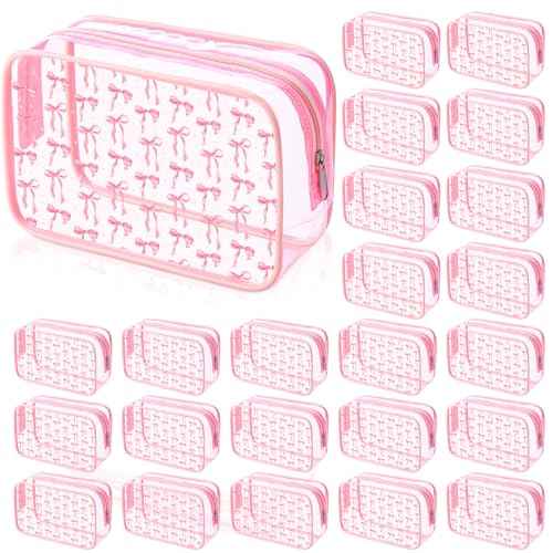 Kacctyen 24 Pcs Pink Bow Cosmetic Bag Coquette Preppy PVC Makeup Bag Bulk Zippered Travel Toiletry Pouch Gift for Women Birthday Party Favor Organizer