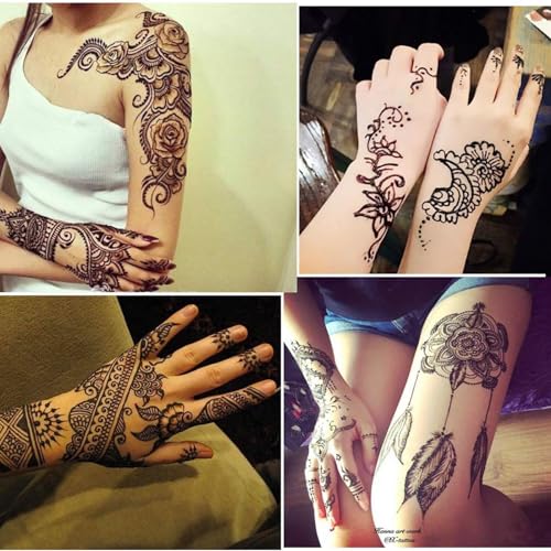 Natural Henna Tattoo Kit - 4 Cones, 20 Stencils, Black Paste