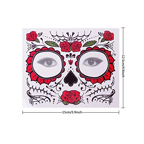 4 Pcs Day of The Dead Sugar Skull Face Temporary Tattoo Halloween Makeup Tattoo Stickers for Halloween Masquerade Party with 1 Rose Red Flower Crown Headband