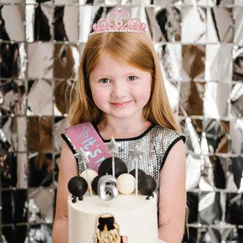 CIEHER 6th Birthday Decorations for Girls - 6th Birthday Crown and Sash with Pearl Pin Set - Pink
