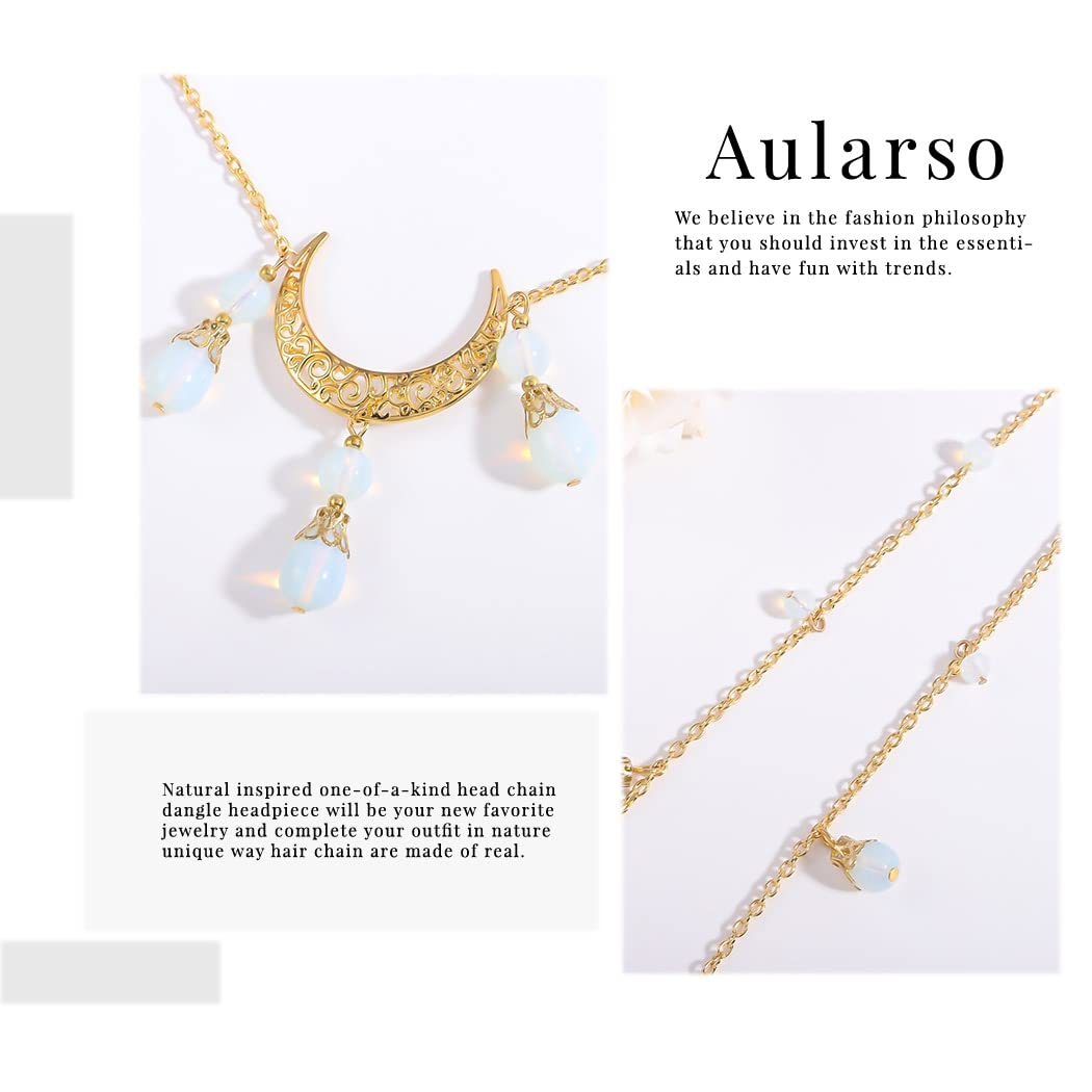 Aularso Boho Head Chain Crescent Moon Headbands Chain Vintage Crystal Forehead Chain Costume Head Jewelry for Women (Gold)