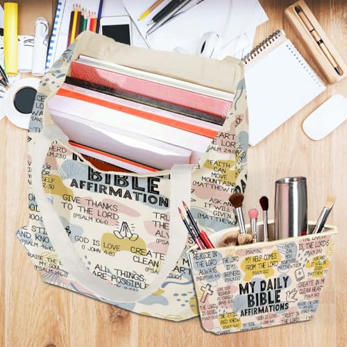 Daily Affirmations for Women Faith Christian Gifts£¬2PCS Cosmetic Bag Canvas Tote Bag Beach Bags with Pocket Makeup Bags£¬Scripture Bible Verse Mental Health Gifts for Female Friend Birthday Christmas