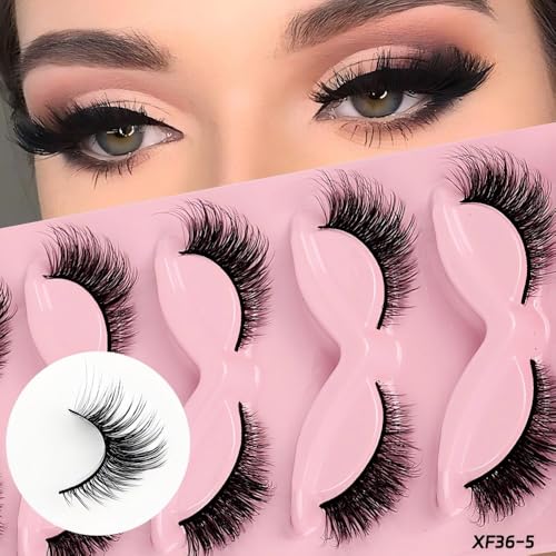 5 Pairs 3D Faux Mink Lashes - Dramatic Cat Eye Wispy Volume with Featherlight Invisible Band, Reusable False Eyelashes Easy to Apply for Day to Night Wear, Parties & Special Events (XF36-5)