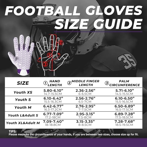 HANDLANDY Football Gloves Youth, Sticky Kids Receiver Gloves for Boys Girls, Stretch Fit Flag Football Gloves (White and Purple, X-Small)