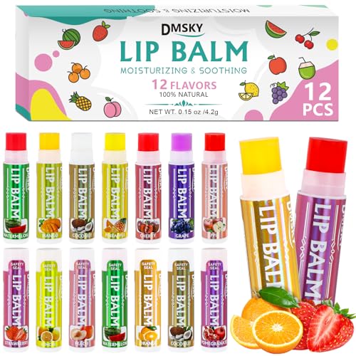 Dmsky Lip Balm 12 Pack, Colorful Lip Balm Bulk with Vitamin E and Coconut Oi, Hydrating Moisturizing Lip Balm Set for Men Women- 12 Flavors