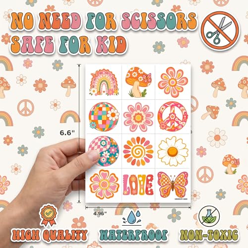 96 PCS Groovy Retro 70s Temporary Tattoos for Kids