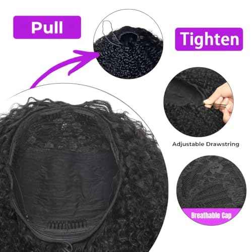 Jerry Curly 3 In 1 Half Wig Human Hair Elastic Drawstring Wear Go Glueless Curly Human Hair Half Wigs Friendly To Beginners 200% Density Natural Hairline Flip Over Wig 26Inch