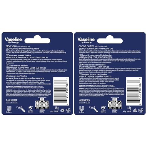 Vaseline Lip Therapy Variety 4-Pack ? Cocoa Butter + Aloe Vera Moisturizing Lip Balm with Vitamin E, 0.16 Oz Ea