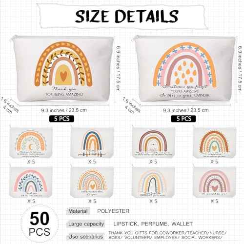 Sieral Rainbow 50 Pcs Canvas Makeup Bags Bulk Inspirational Quotes Cosmetic Bags Makeup Pouch with Zipper for Women Teacher Appreciation Thank You Gifts for Teacher Volunteer Employee Coworker