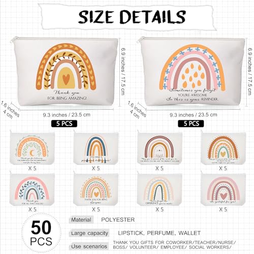 Sieral 50 Pcs Rainbow Canvas Makeup Bags Bulk Inspirational Quotes Cosmetic Bags Makeup Pouch with Zipper for Women Appreciation Thank You Gifts for Mother Day Teacher Employee Coworker