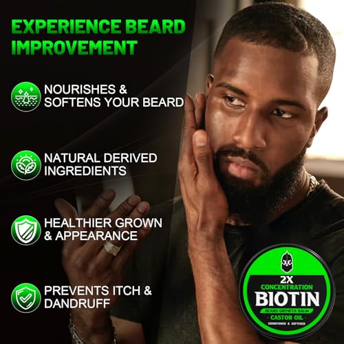 Beard Balm, 2X Thickening Biotin, with Castor Oil and Argan & Jojoba Oils, Promotes Beard Growth, Styles, Strengthens & Softens Beards & Mustaches, 2 Ounce, Vanilla, Cedar, Orange | Thickening, moisturizing, softening, Conditioning, Thickening