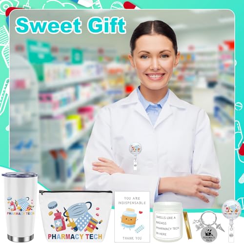 6Pcs Christmas Pharmacy Technician Appreciation Gifts Include Cup Portable Cosmetic Bag Badge Keychain Aromatherapy Thank You Card Pharmacy Technician Accessories for Doctors Nurses Week Gift Supplies