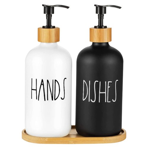 2 Pack Soap Dispenser Bottle with Bamboo Pump Soap Tray 16 Oz Refillable Hand Soap Container Reusable Detergent Bottle Glass Soap Lotion Dispenser Set for Kitchen Bathroom Shampoo