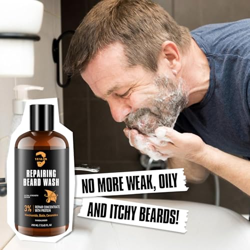 Repairing Beard Wash & Shampoo for Damaged Beards - Strengthens, Softens, Thickens & Adds Healthy Shine ? With 3% Protein, Biotin, Ceramides & Niacinamide ? 8.45 fl oz