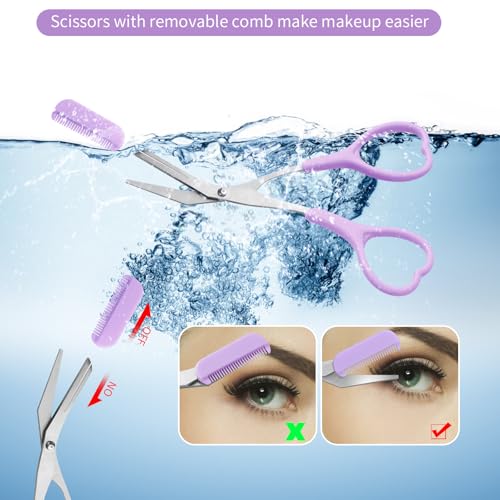 Eyebrow Scissors with Razor & Comb Set - Non-Slip Grip, Pink/Green/Purple