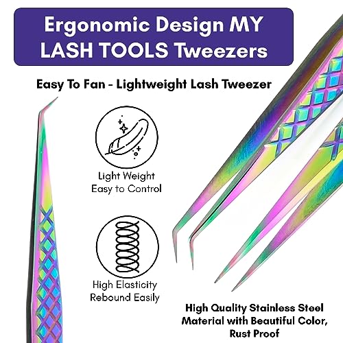 2pcs Curved & Straight Isolation Tweezers for Eyelash Extensions ? 14cm Japanese Stainless Steel, Diamond Grip Non Slip Grip, Rainbow Set, Best for Classic & Individual Lashes