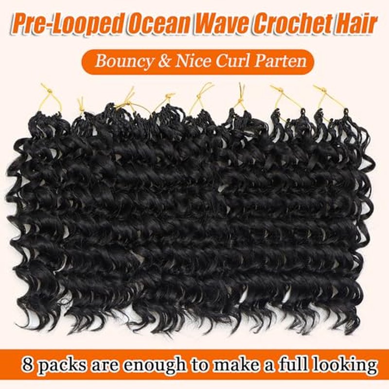 10 Inch Black Curly Crochet Hair - 8 Packs Boho Ocean Wave