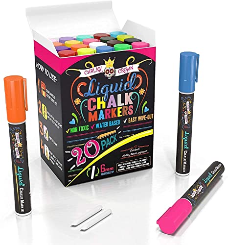 CHALKY CROWN Bold Chalk Markers - Dry Erase Marker Pens - Liquid Chalk Markers for Chalkboards, Signs, Windows, Blackboard, Glass - Reversible Tip (20 Pack) - (Multicolored, 6mm)