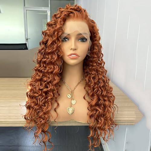 RONGDUOYI Ginger Long Curly Lace Wig Synthetic Frontal Lace Wigs with Free Part Heat Friendly Synthetic Lace Front Wigs for Women Princess Merida Cosplay Wig 26Inch