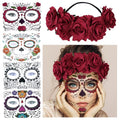 4 Kits Day of the Dead Sugar Skull Temporary Face Tattoo Makeup Tattoo for Men and Women with 1 Rose Red Flower Crown Headband for Halloween Costume