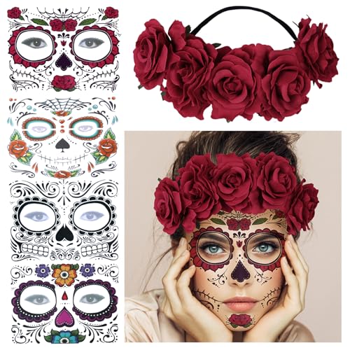 4 Kits Day of the Dead Sugar Skull Temporary Face Tattoo Makeup Tattoo for Men and Women with 1 Rose Red Flower Crown Headband for Halloween Costume