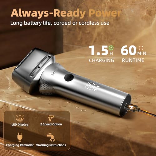 Ufree Electric Razor for Men, Rechargeable Cordless Foil Shaver, 8,500 RPM Wet and Dry Electric Shaver with 2 Speed Settings, LED Display, IPX7 Waterproof, Pop-Up Trimmer, Silver