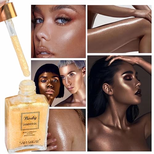 Hydrating Shimmer Body Oil, Golden Yellow Liquid Luminizer Body Glitter Long Lasting, Body Highlighter Shimmer Makeup, Face Body Glow Shimmer for Women, Non-Sticky Shine Glitter Liquid