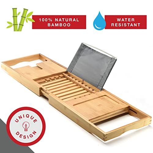Bamboo Bathtub Caddy Tray - Expandable Bath Tray for Tub