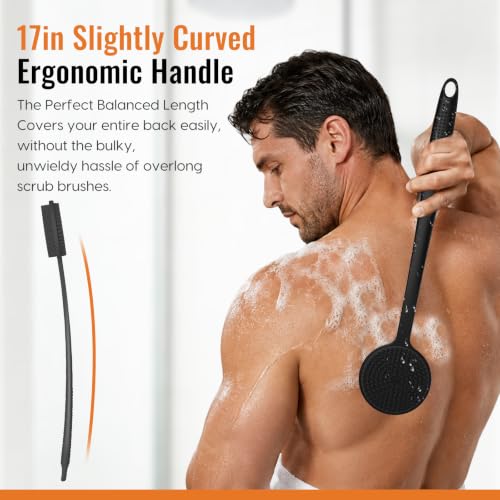 17" Silicone Back Scrubber with Long Handle Double-Sided Shower Brush
