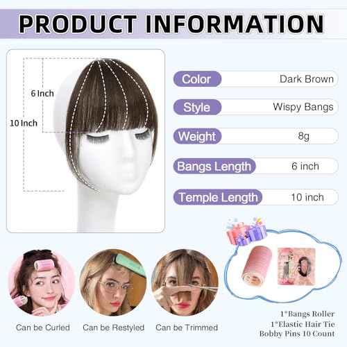 Wispy Bangs Hair Clip, 100% Human Hair Clip In Dark Brown Bangs for Women, Soft Layered Fake Bangs with Feathered Fringe, Easy Clip-On Design for Daily Wear & Halloween