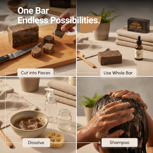 Nubiana Raw African Black Soap Bar 8oz - 100% Authentic from Ghana | Handmade Unrefined Shea Butter Soap with Cocoa Pod Ash | Deep Cleansing Face Wash Bar & Body Wash - No Added Scent