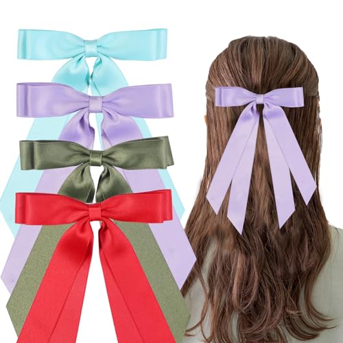 LuSeren 4 PCS Double Layer Hair Bows for Women, Silky Satin hair bow clips with Long Tail, colorful