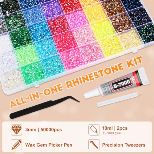 50000Pcs Bedazzling Kit 40 Colors 3mm Rhinestones with Glue & Tools