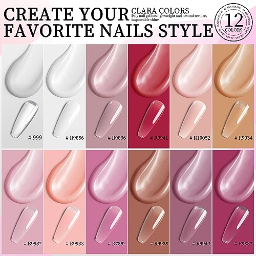 Clara Colors Poly Gel Nail Kit, 12 Colors Clear Jelly Nude Pink Poly Extension Gel Nail Kit with 48W UV Lamp All In One Polygel Nail Kit Starter Kit with Slip Solution and Tools for Nail Art DIY