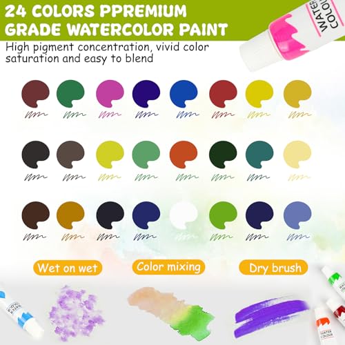 24 Color Watercolor Travel Set with Walnut Palette & Sketchbooks