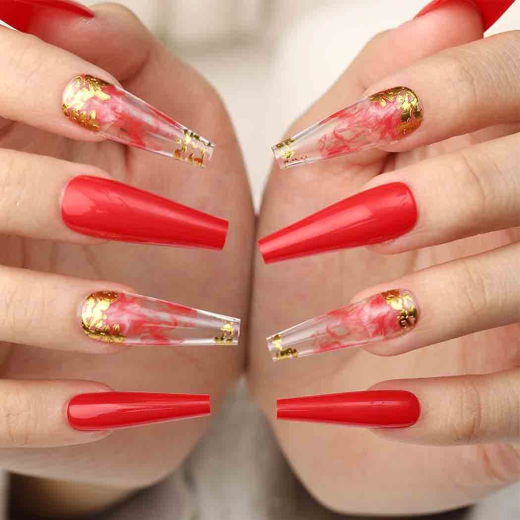 Outyua Smoke Pattern Fake Nails Coffin Glossy Red Extra Long Press on Nails with Designs Ballerina Acrylic False Nails Designer Full Cover Cute Nails for Women and Girls 24Pcs (Ruddy)