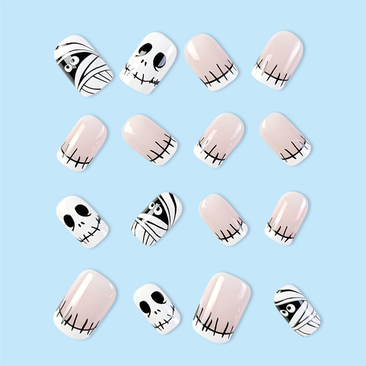 NEWSPIED Halloween Press on Nails Short Square Fake Nails White French Tip Acrylic Nails with Mummy Skull Design Cute Glue on Nails Halloween Nails Press on Full Cover False Nails for Women 24Pcs