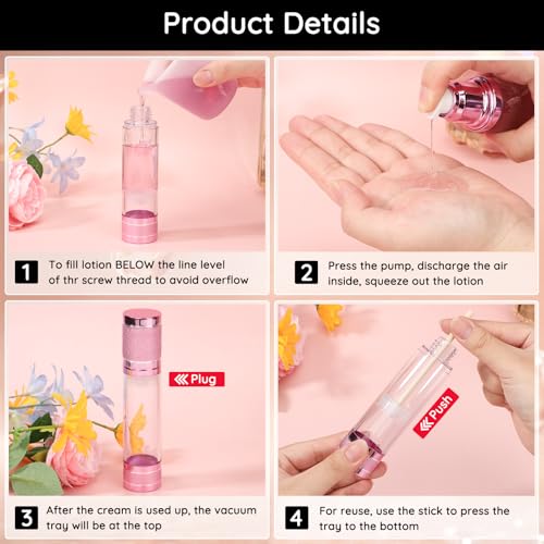 Pink Refillable Travel Lotion Bottles 3-Pack 1.7oz Airless Pump Dispenser