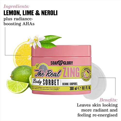 Soap & Glory The Real Zing Body Sorbet - Citrus Body Moisturizer & Hydrating, Sorbet-y Skin Cream - Radiance Boosting, AHA Exfoliating, Lightweight Body Cream for Refreshed Dry Skin (300ml)
