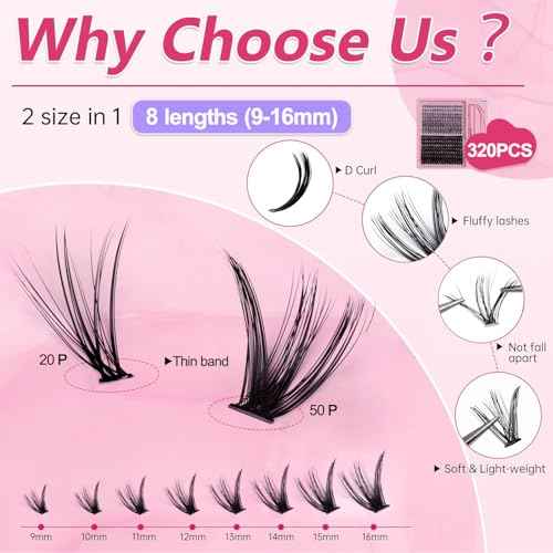 Lash Extension Kit DIY 320pcs Lash Clusters Eyelash Extension Kit, 9-16mm 20D 50D Individual Lashes Kit with Lash Bond and Seal, Lash Tweezers for Self Use (20D&50D, 9-16mm, Kit)