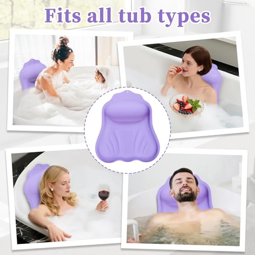 Luxury Silicone Bath Pillow for Tub, New Cloud-Soft 4D Air-Cushion Bathtub Pillow for Head and Neck & Back Support, Strong Suction Cups, Waterproof Quick-Dry Bathtub Headrest (Purple)