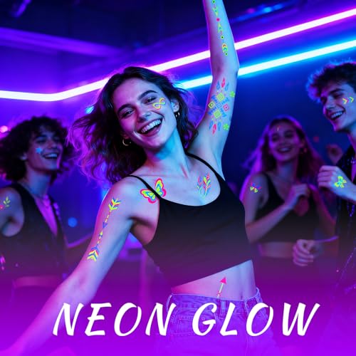 UV Glow Temporary Tattoos 192+ Designs, Neon Blacklight Reactive
