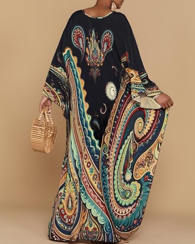 Bsubseach Plus Size Kaftan Dress with Pockets - Ethnic Print Beach Cover Up