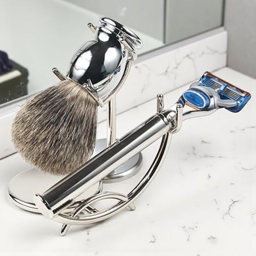 Chrome Razor and Shaving Brush Stand - Holds Straight Edge Razors, Barber Razors, Long Handle Double Edge Safety Razors, Cartridge Razors & Shave Brush