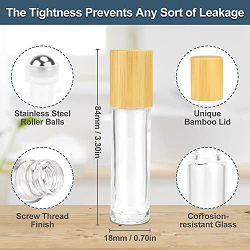 10ml(1/3oz) Roll On Bottles,10 Pack Glass Roller Bottles Essential Oil Bottles Perfume Cosmetic Sample Bottles With Stainless Steel Roller Ball&Bamboo Lids