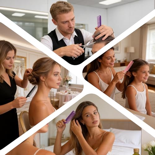 Salon-Style Rat Tail Combs Set - Steel Pin Teasing & Parting Combs for Hair Styling - Purple, Black, Pink