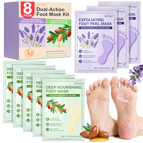 BESNEL 8-Pack Foot Peeling & Moisturizing Mask Set for Dry Cracked Feet